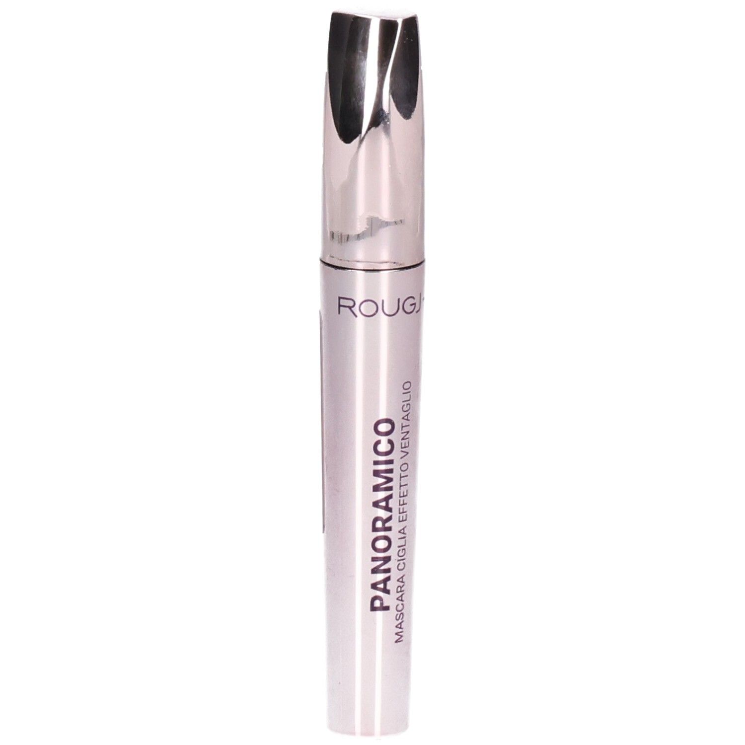Mascara Rougj+: Flacon argenté avec applicateur argenté. Texte français : Panoramico Mascara Ciglia Effetto Ventaglio.