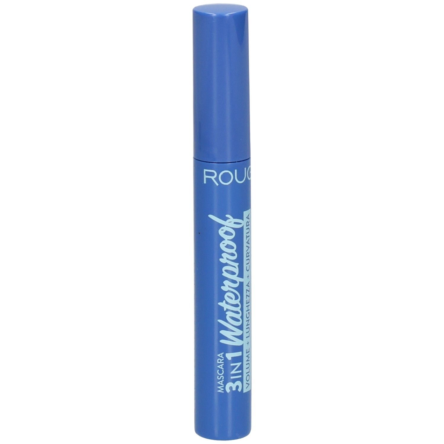 Emballage bleu de mascara avec inscription "ROUGJ+ Mascara 3 en 1 Waterproof".