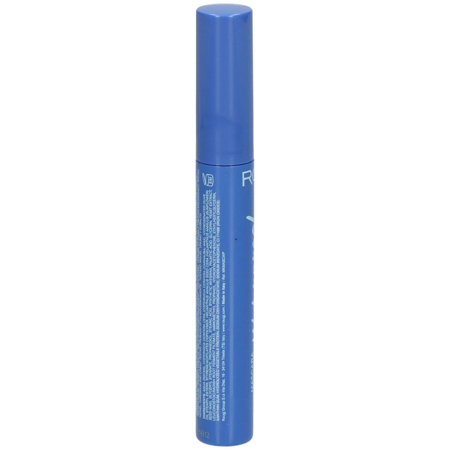 Arrière d'un emballage bleu de mascara avec informations détaillées sur le produit.