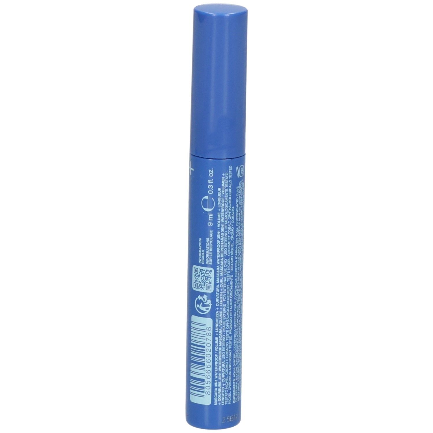 Arrière d'un emballage bleu de mascara avec code-barres, QR code et informations produit.