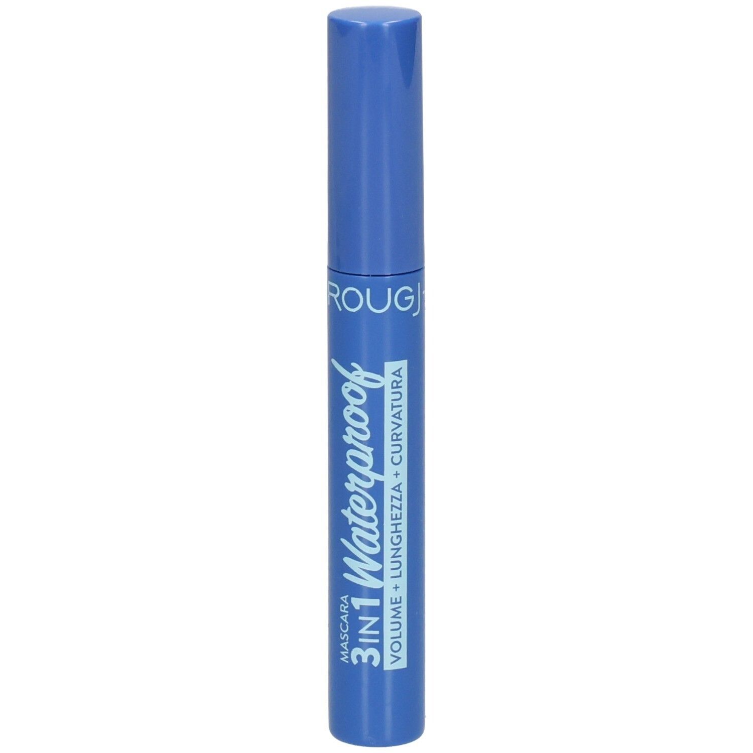 Emballage bleu de mascara avec inscription "ROUGJ+ Mascara 3 en 1 Waterproof".