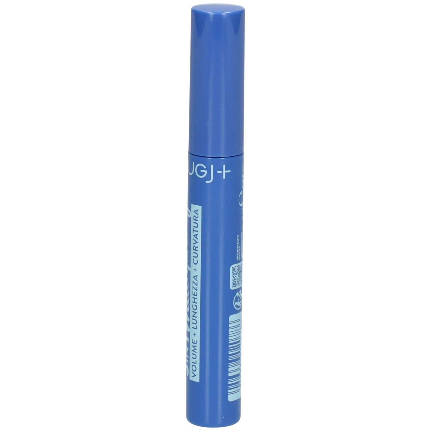 Vue latérale d'un emballage bleu de mascara avec informations produit et QR code.