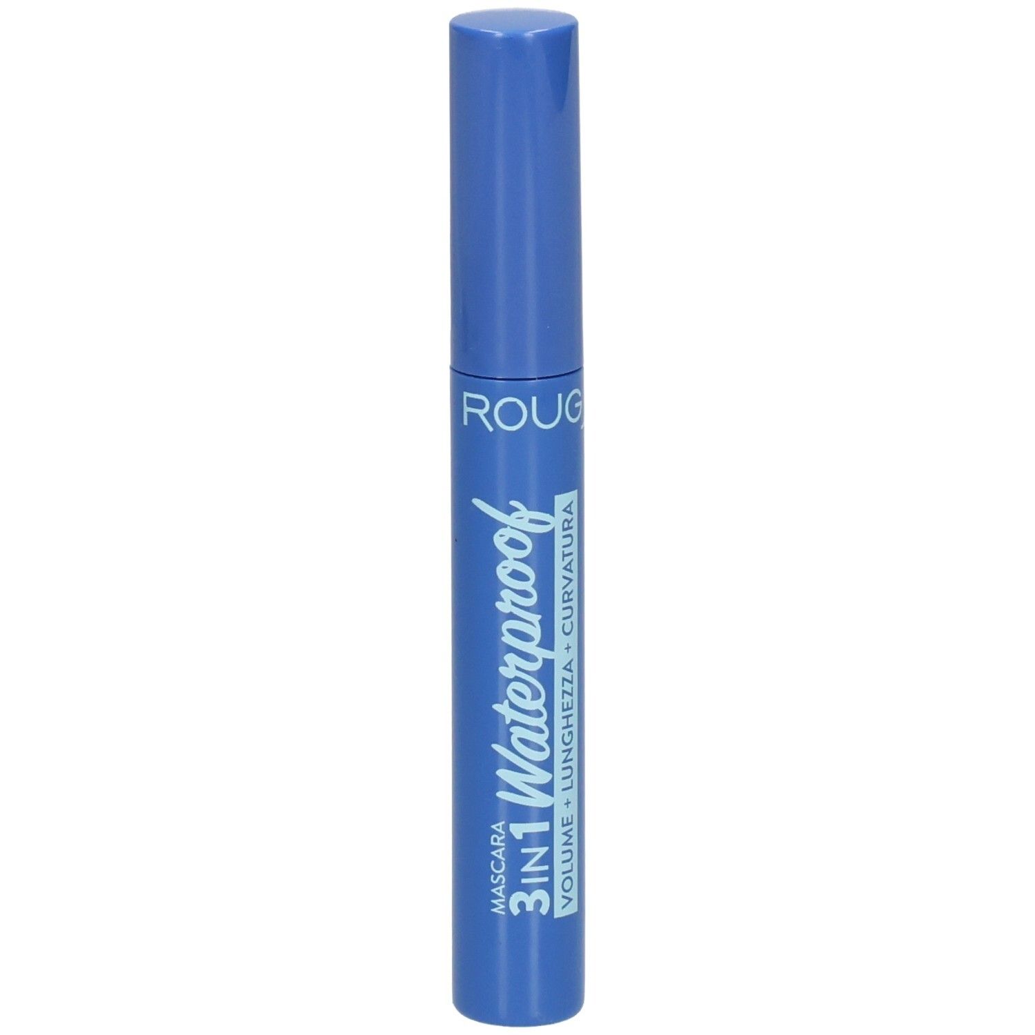 Emballage bleu de mascara avec inscription "ROUGJ+ Mascara 3 en 1 Waterproof".