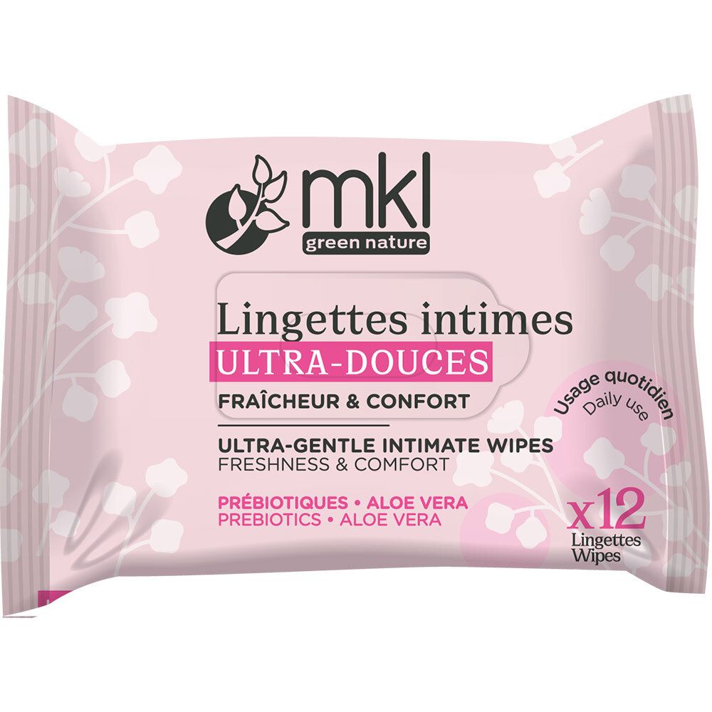 Paquet rose de lingettes intimes "mkl green nature". Inscription: Ultra-Douces, Fraîcheur & Confort, x12. Prébiotiques, Aloe Vera.