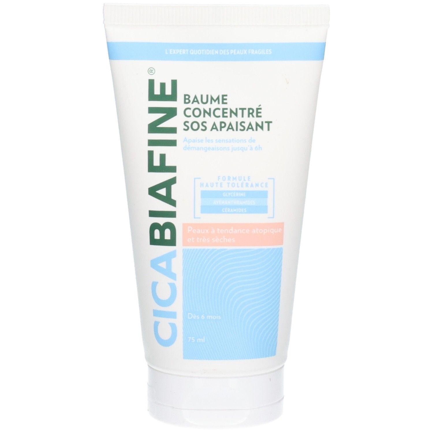 Tube blanc et turquoise. Inscription: CICABIAFINE, BAUME CONCENTRÉ SOS APAISANT. Formule Haute Tolérance. 75 ml.