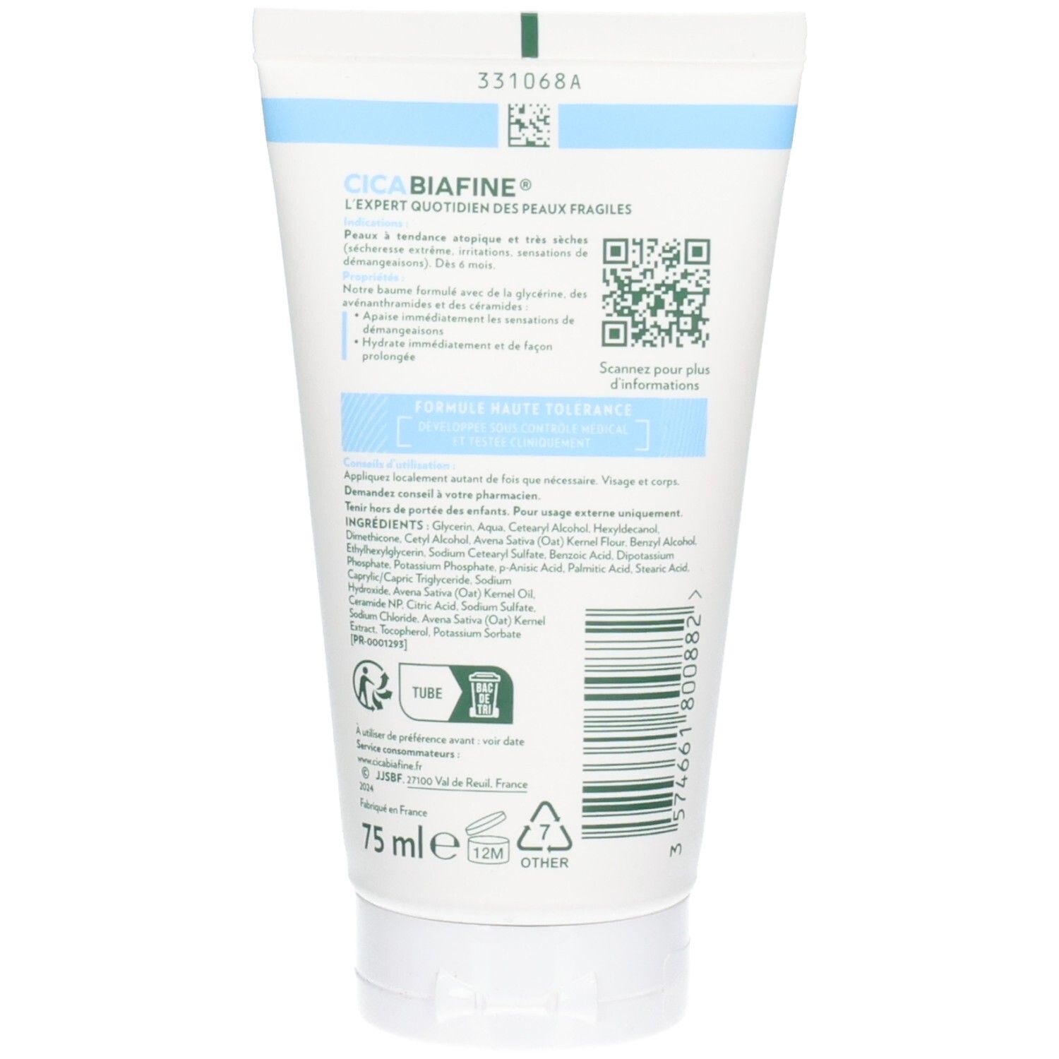 Dos du tube. Inscription: CICABIAFINE, L'EXPERT QUOTIDIEN DES PEAUX FRAGILES. 75 ml. Code QR. Symboles de recyclage.