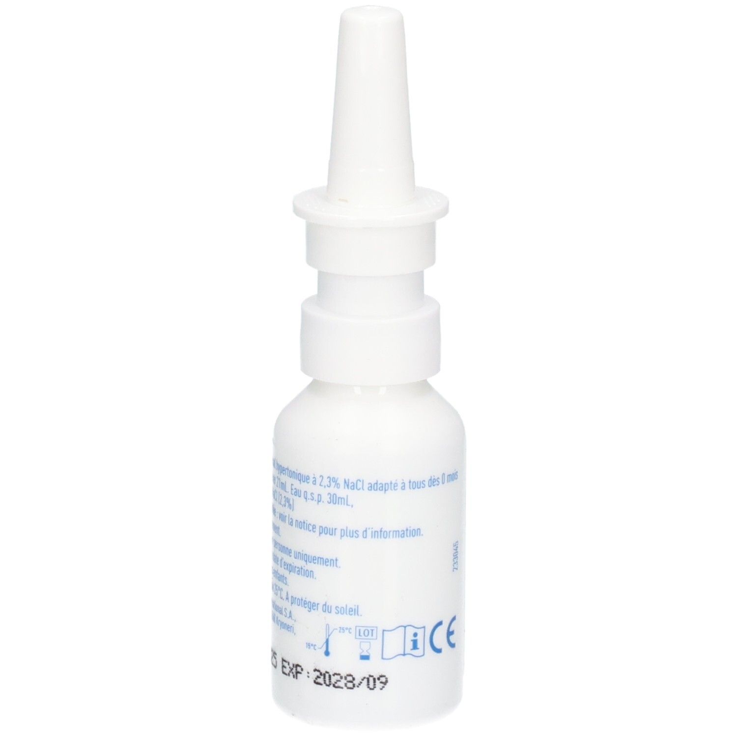 Flacon de spray nasal blanc avec applicateur. Étiquette avec date d'expiration.