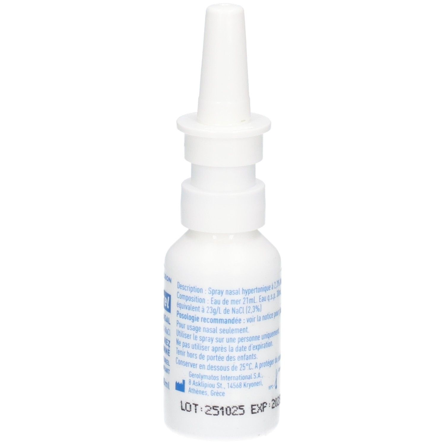 Flacon de spray nasal blanc avec applicateur. Étiquette avec numéro de lot et date d'expiration.