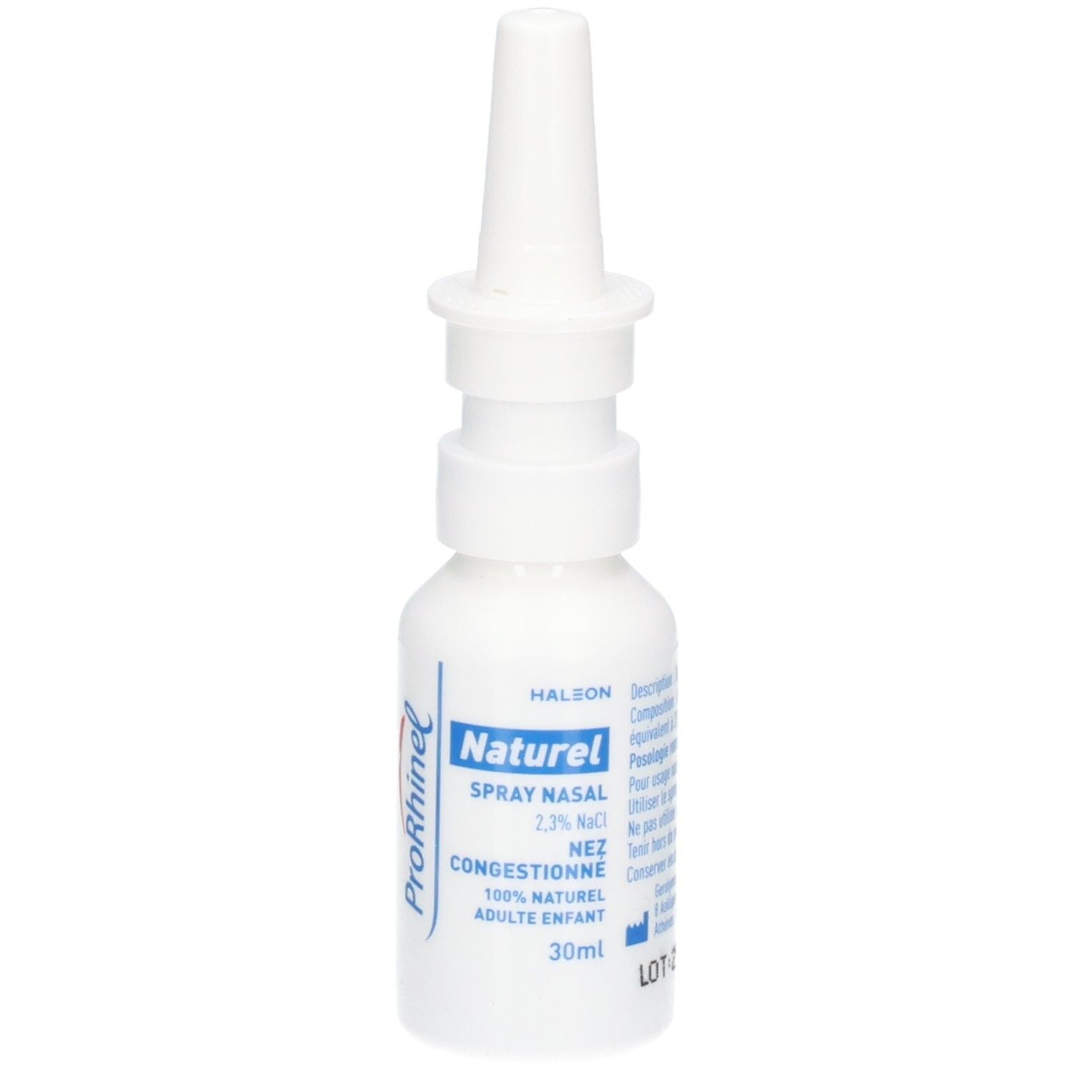 Flacon de spray nasal blanc avec applicateur. Étiquette avec 'ProRhinel Naturel' et '30ml'.