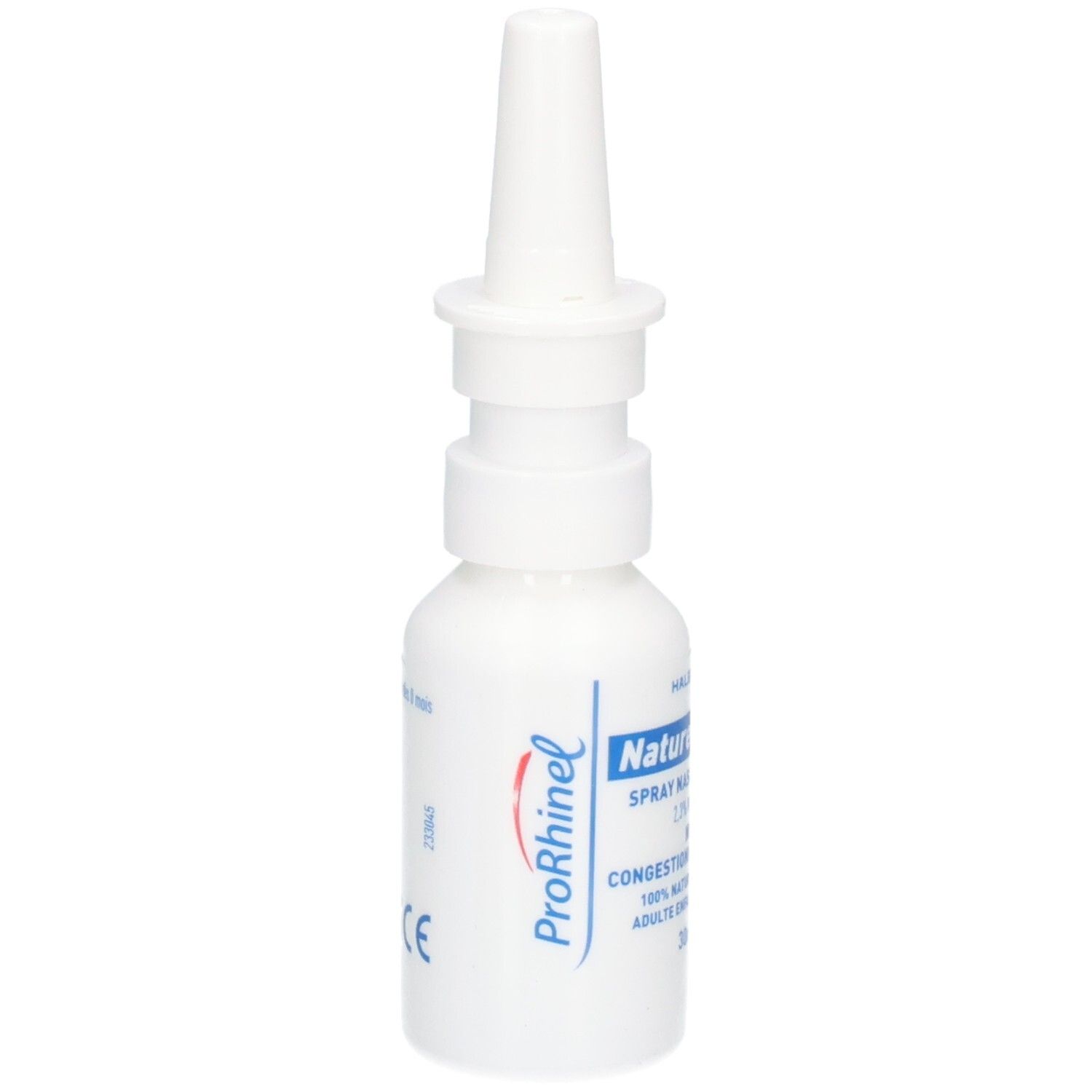 Flacon de spray nasal blanc avec applicateur. Étiquette avec 'ProRhinel' et marquage CE.
