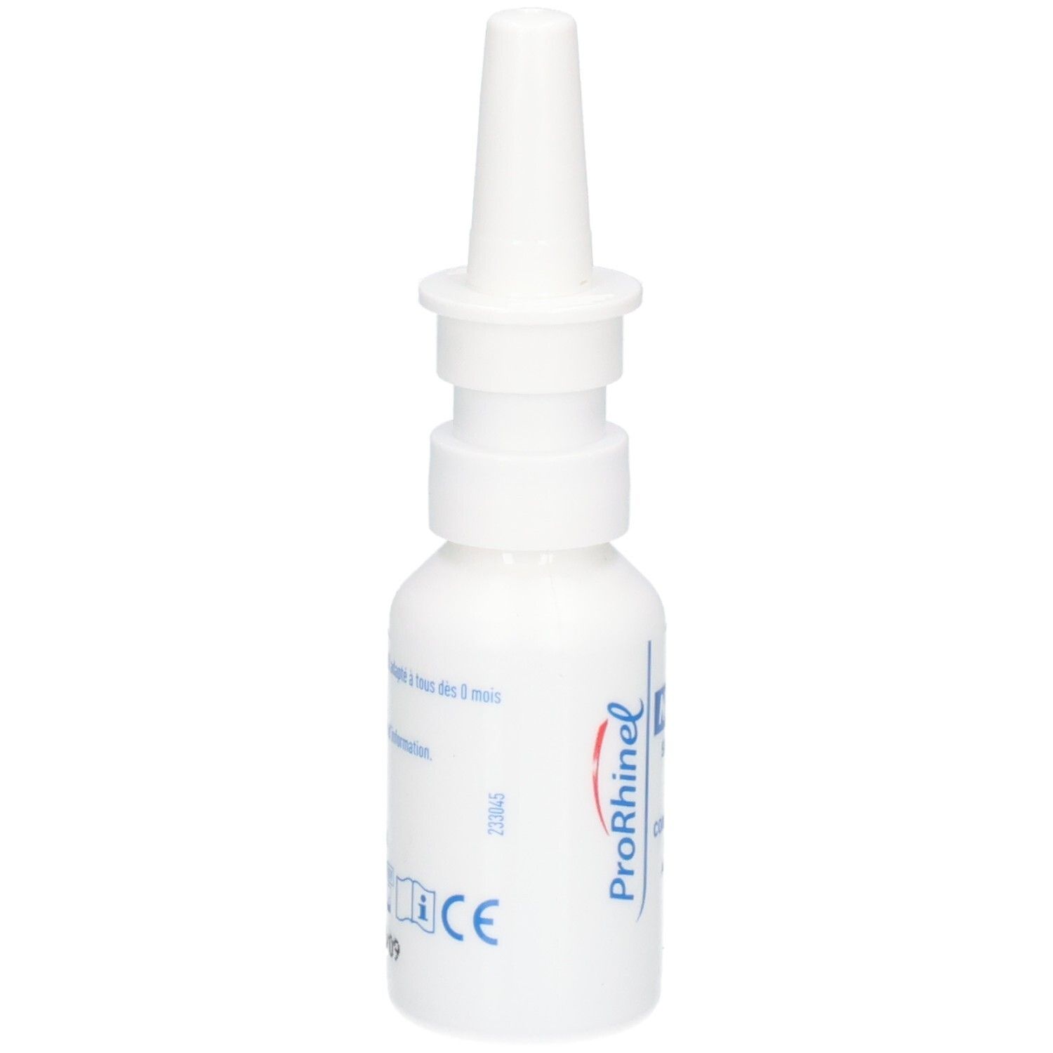 Flacon de spray nasal blanc avec applicateur. Étiquette avec 'ProRhinel' et marquage CE.
