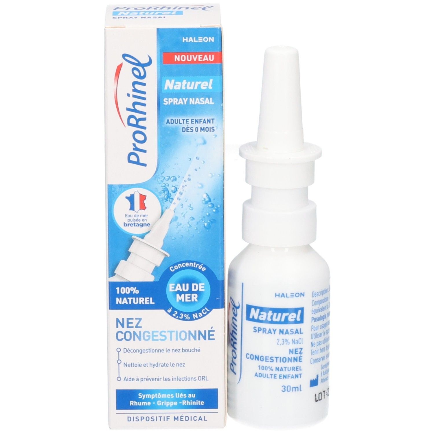 Flacon et emballage de spray nasal ProRhinel Naturel. Étiquette avec 'Eau de mer'.