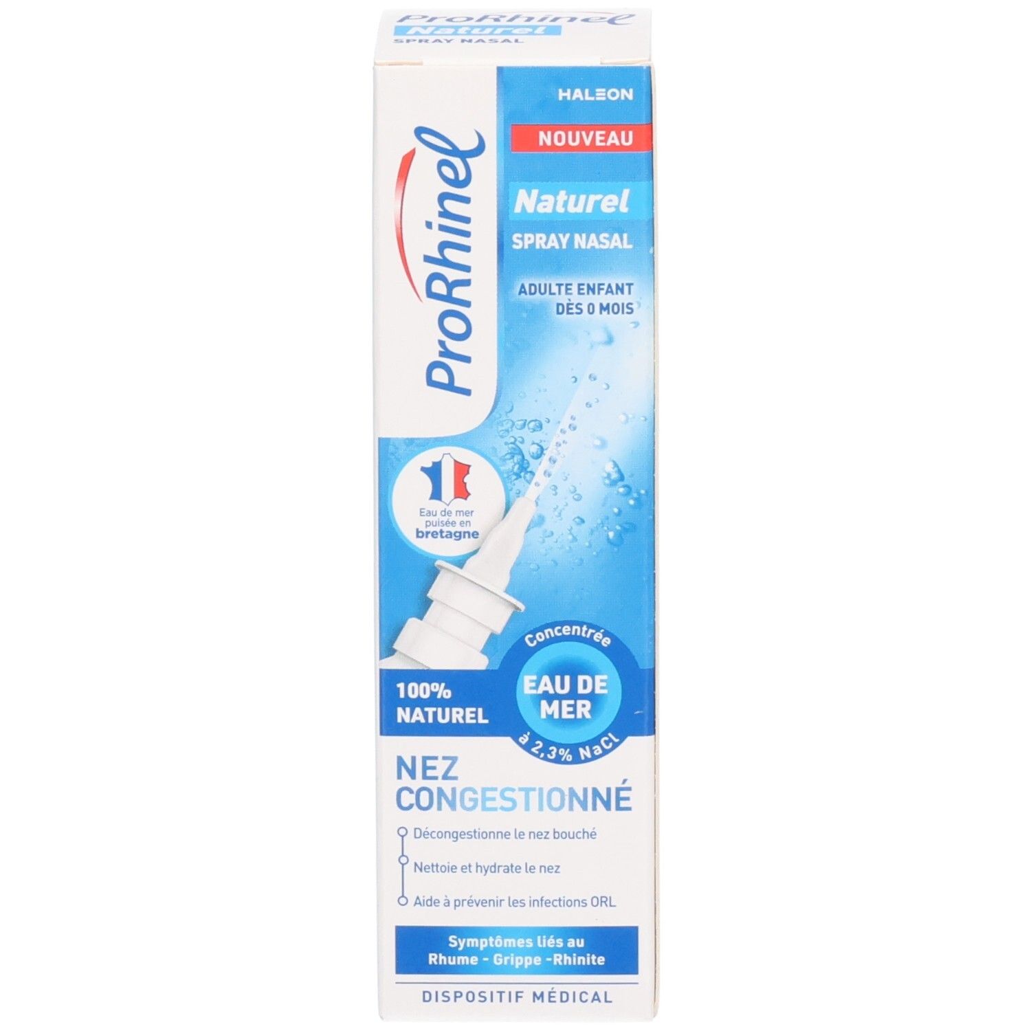 Flacon et emballage de spray nasal ProRhinel Naturel. Étiquette avec 'Eau de mer' et '2.3% NaCl'.