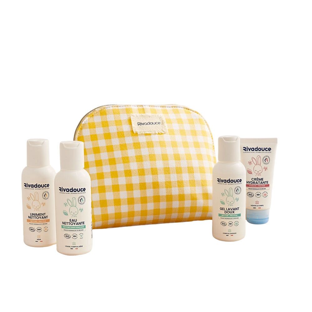 Trousse de toilette jaune à carreaux avec produits pour bébé. Contient des flacons et un tube. Marque : Rivadouce.