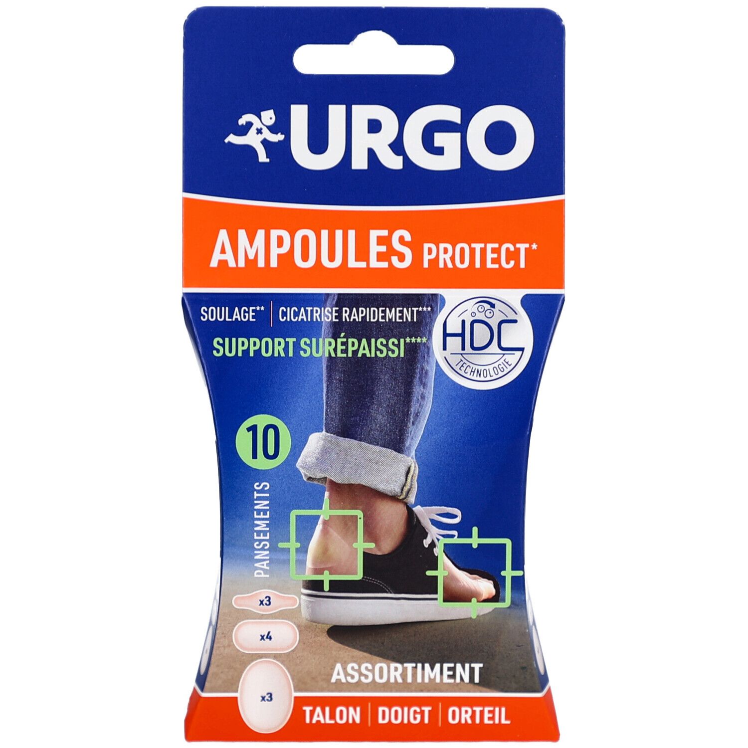 Paquet de URGO Ampoules Protect, 10 pansements. Assortiment pour talon, doigt et orteil. Technologie HDC.