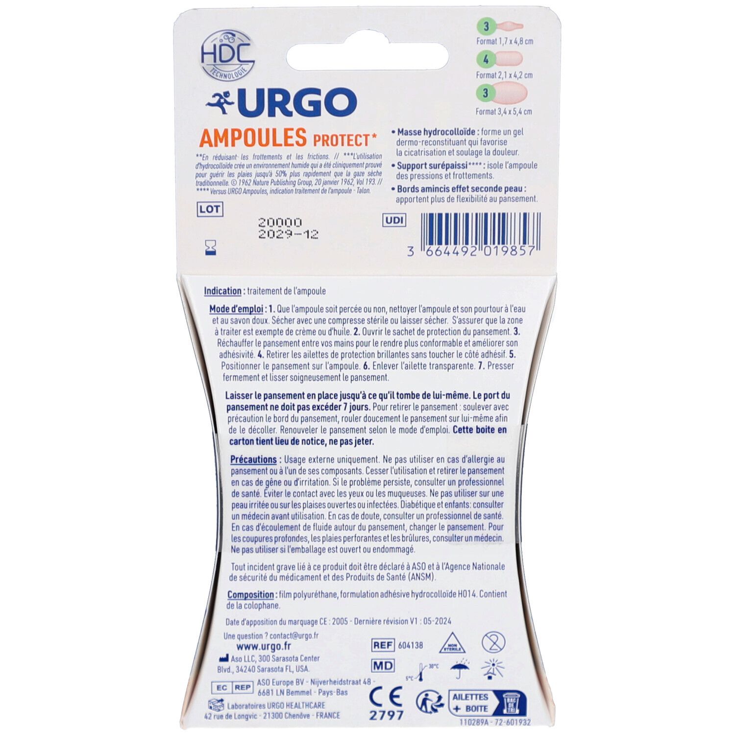 Dos du paquet URGO Ampoules Protect. Informations sur l'utilisation, les ingrédients et le fabricant.