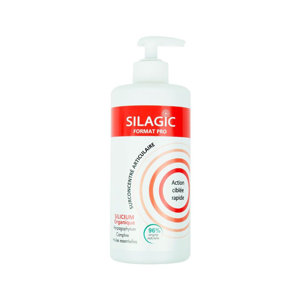 Flacon pompe blanc avec étiquette rouge, Silagic Gel Surconcentré Articulaire.