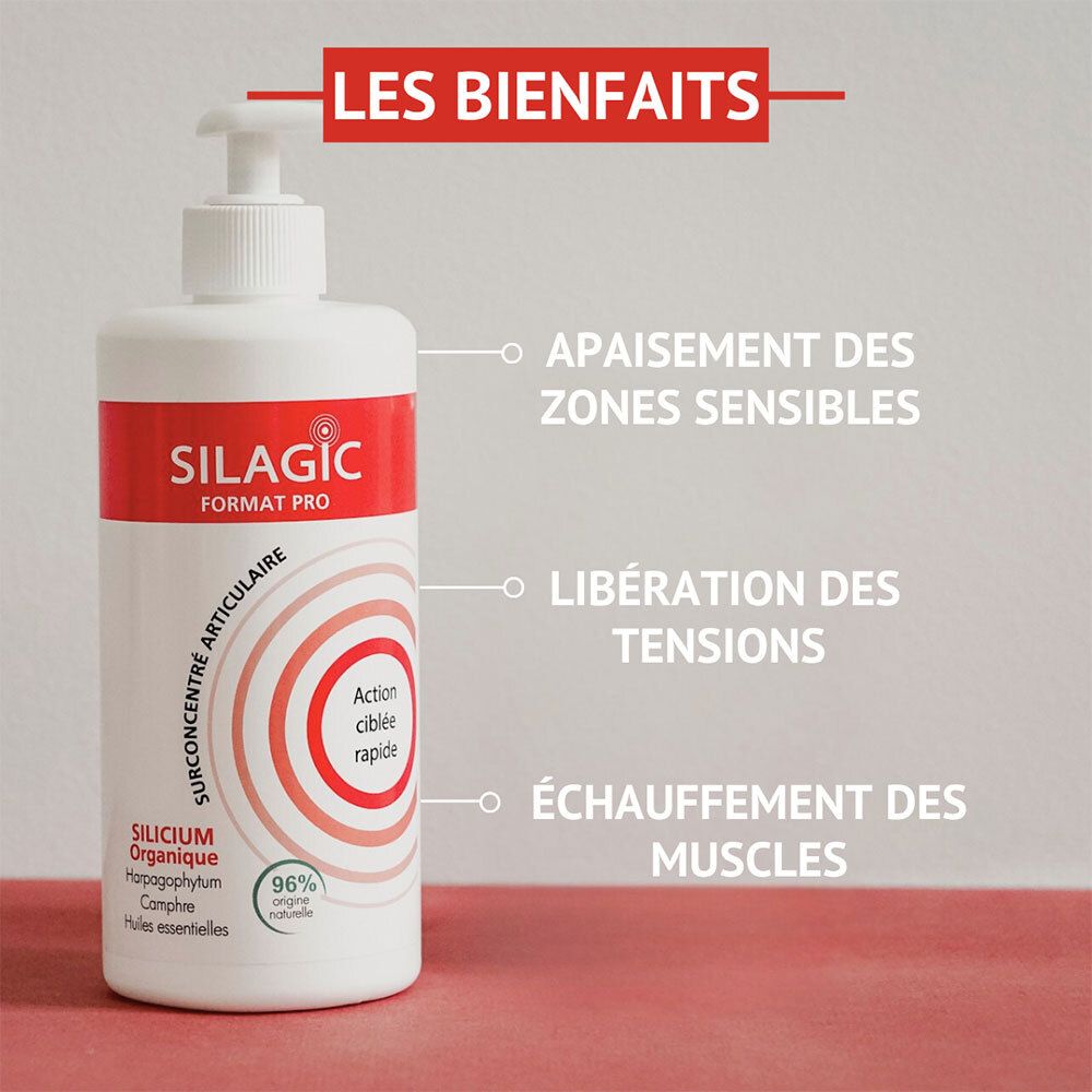 Flacon Silagic Gel Surconcentré Articulaire avec liste des avantages : apaisement, libération, échauffement.
