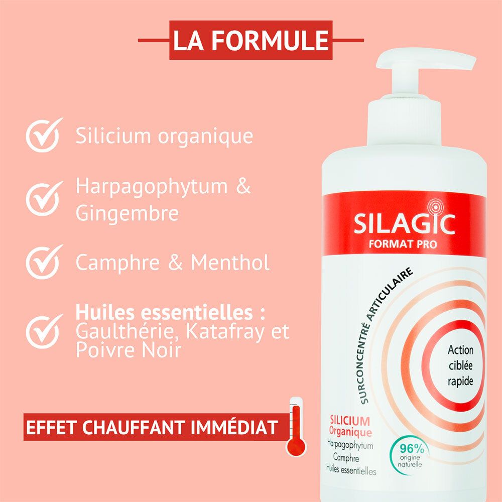 Flacon Silagic Gel Surconcentré Articulaire avec détails de formule : Silicium, Harpagophytum, Camphre.