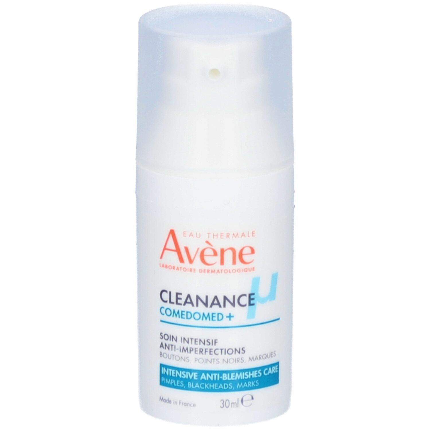 Flacon blanc avec bouchon pompe. Inscription: Eau Thermale Avène Cleanance Comedomed+. Texte: Anti-imperfections, boutons, points noirs, marques.