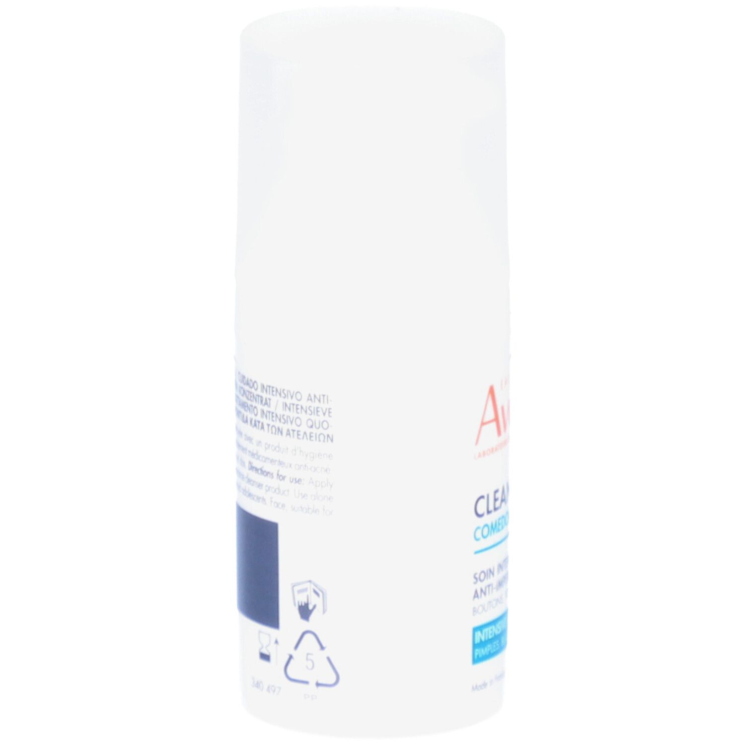Flacon blanc avec bouchon pompe. Inscription: Eau Thermale Avène. Texte au dos. Symbole de recyclage.