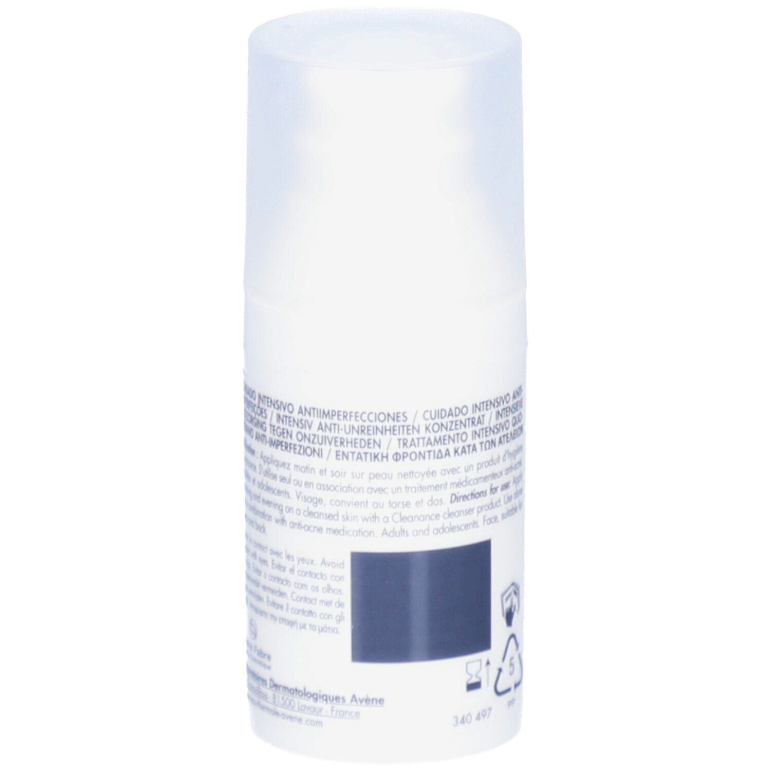Flacon blanc avec bouchon pompe. Inscription: Eau Thermale Avène. Texte au dos. Symbole de recyclage.