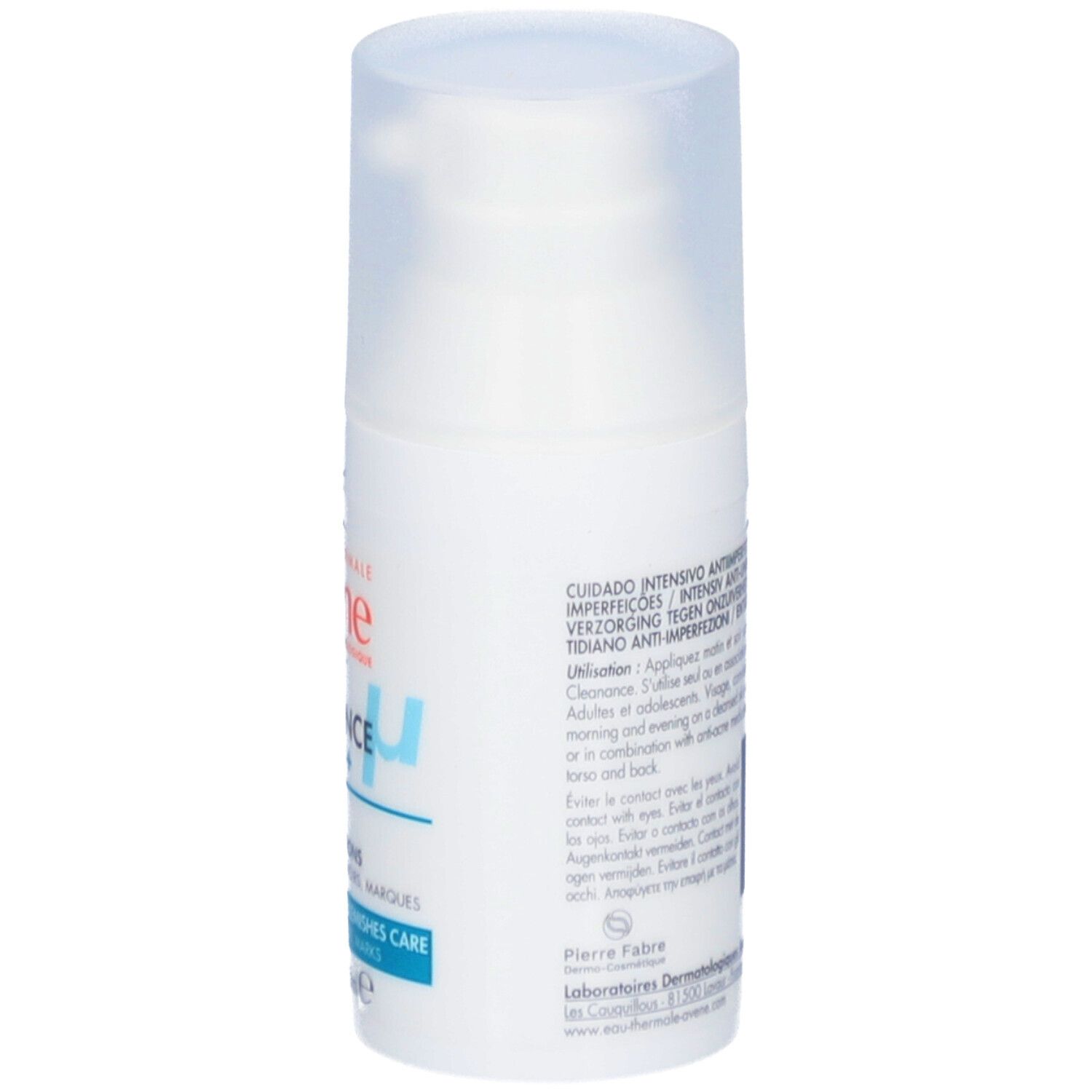 Flacon blanc avec bouchon pompe. Inscription: Eau Thermale Avène. Texte au dos. Symbole de recyclage.