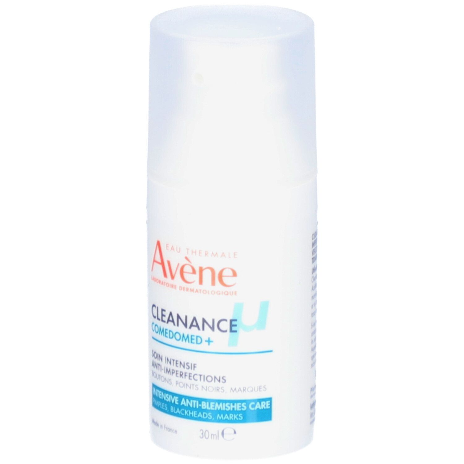 Flacon blanc avec bouchon pompe. Inscription: Eau Thermale Avène Cleanance Comedomed+. Texte: Anti-imperfections, boutons, points noirs, marques.
