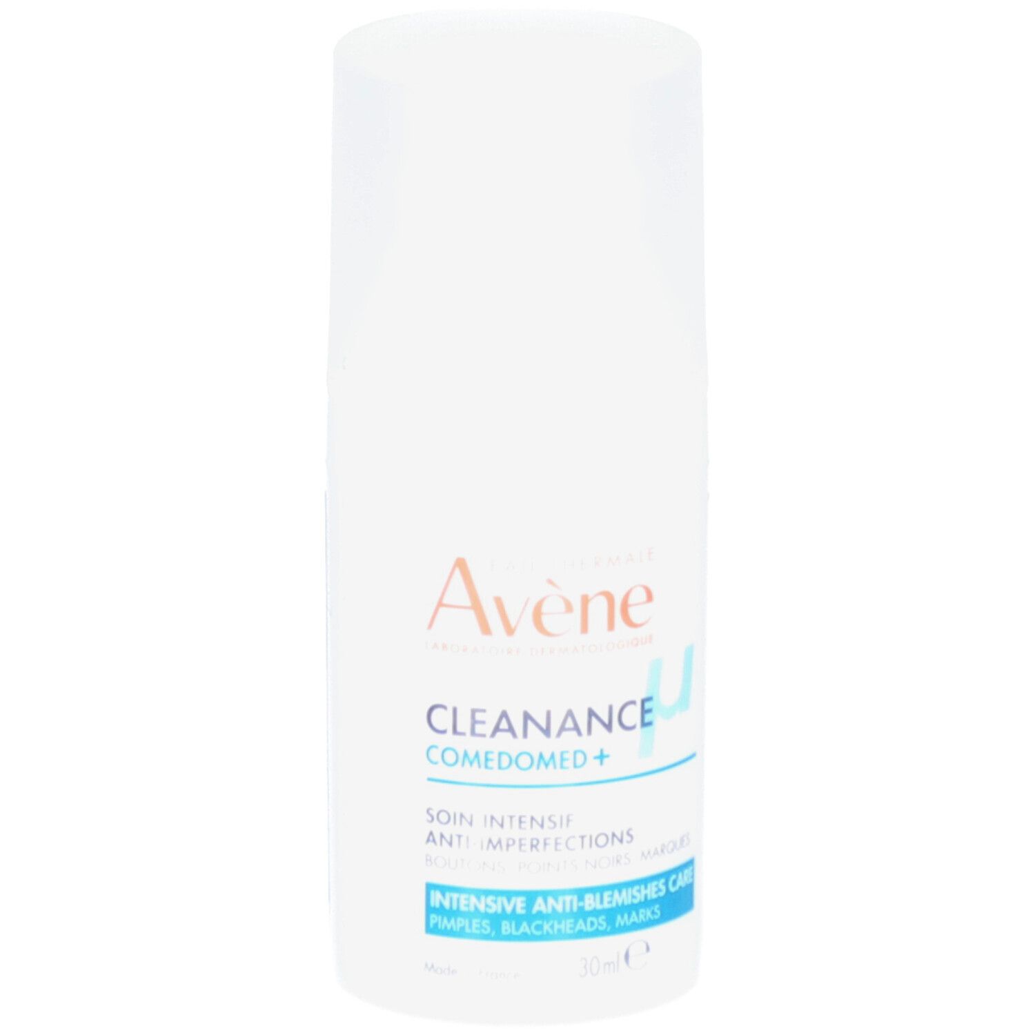 Flacon blanc avec bouchon pompe. Inscription: Eau Thermale Avène Cleanance Comedomed+. Texte: Anti-imperfections, boutons, points noirs, marques.