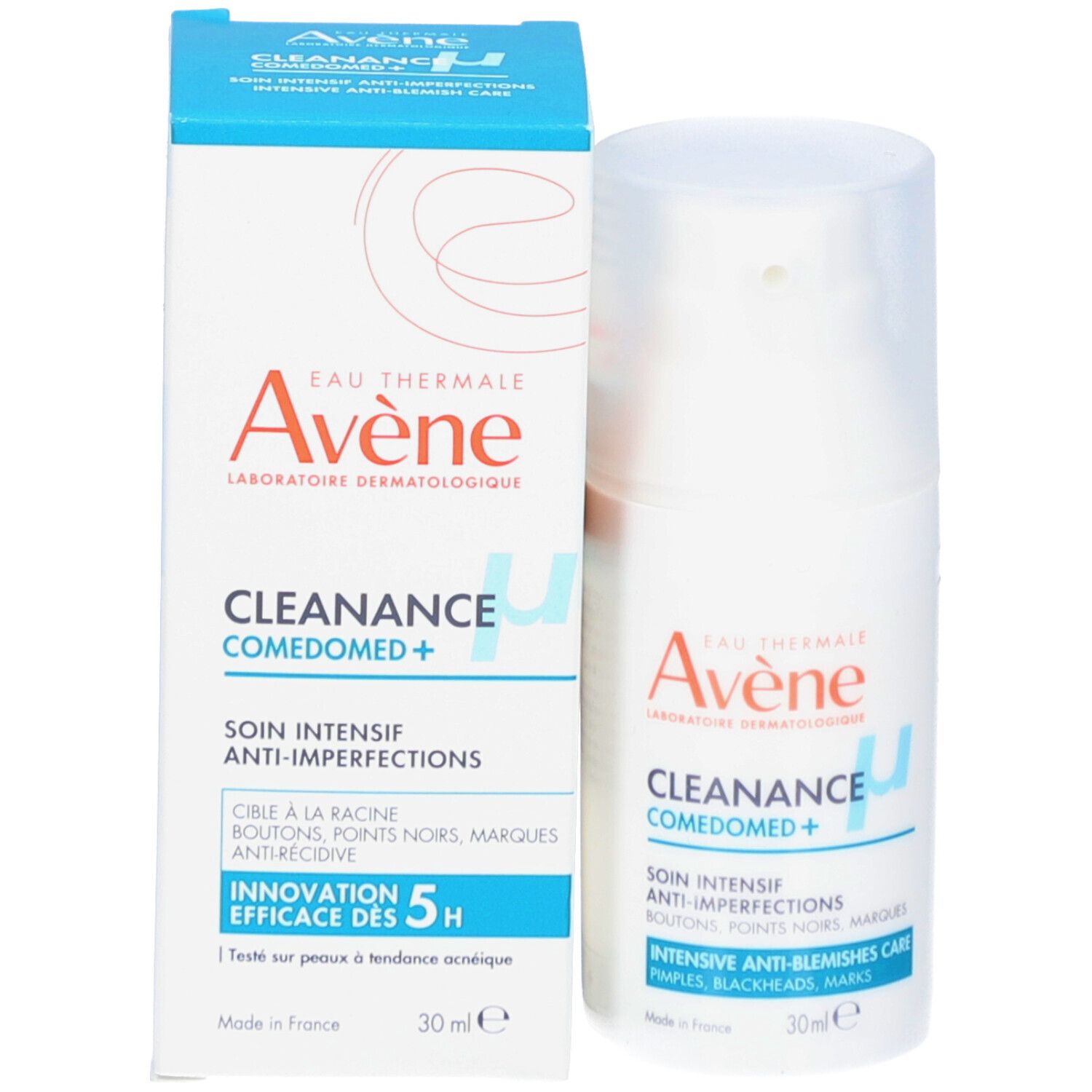 Emballage et flacon. Inscription: Eau Thermale Avène Cleanance Comedomed+. Texte: Anti-imperfections, boutons, points noirs, marques.