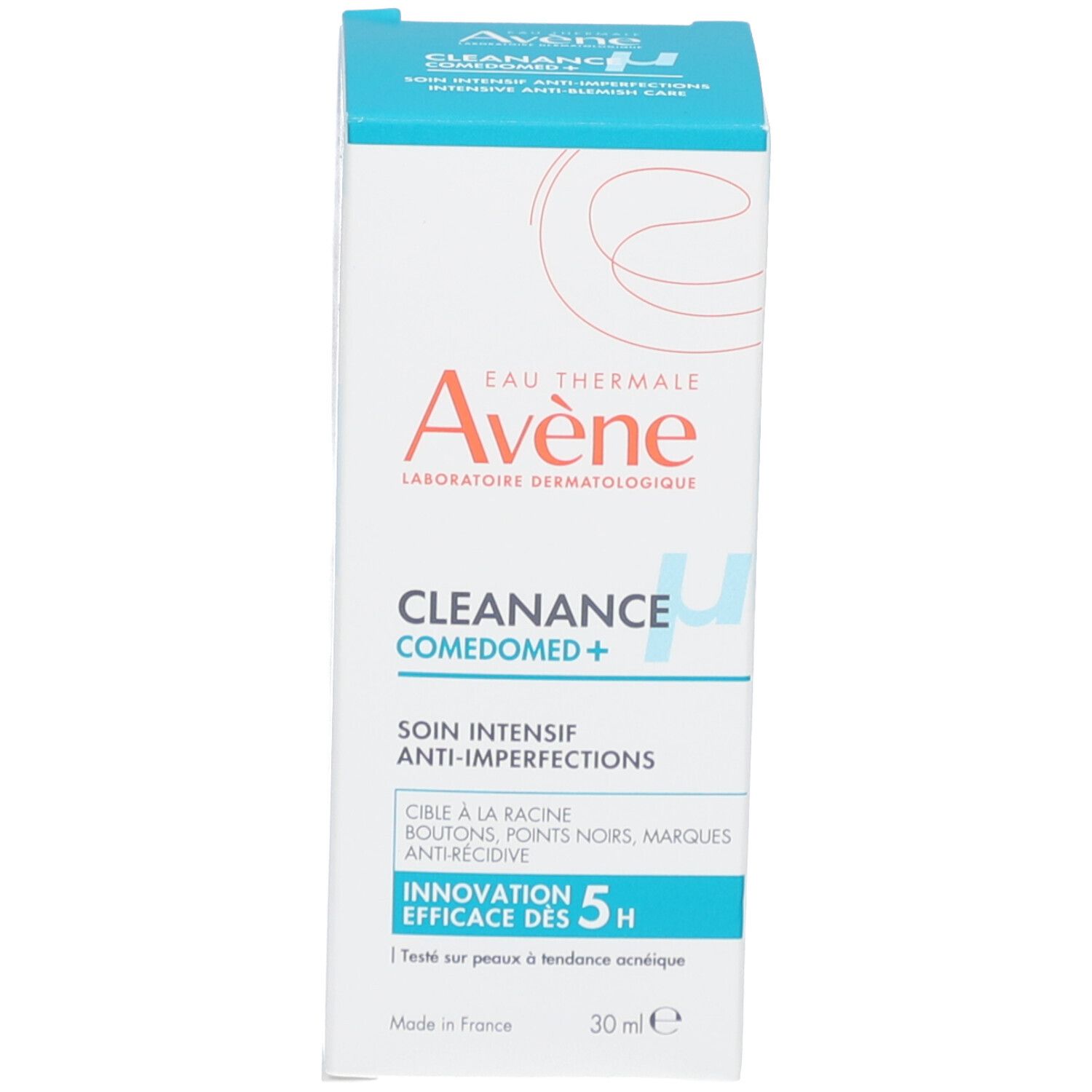 Emballage. Inscription: Eau Thermale Avène Cleanance Comedomed+. Texte: Anti-imperfections, boutons, points noirs, marques.