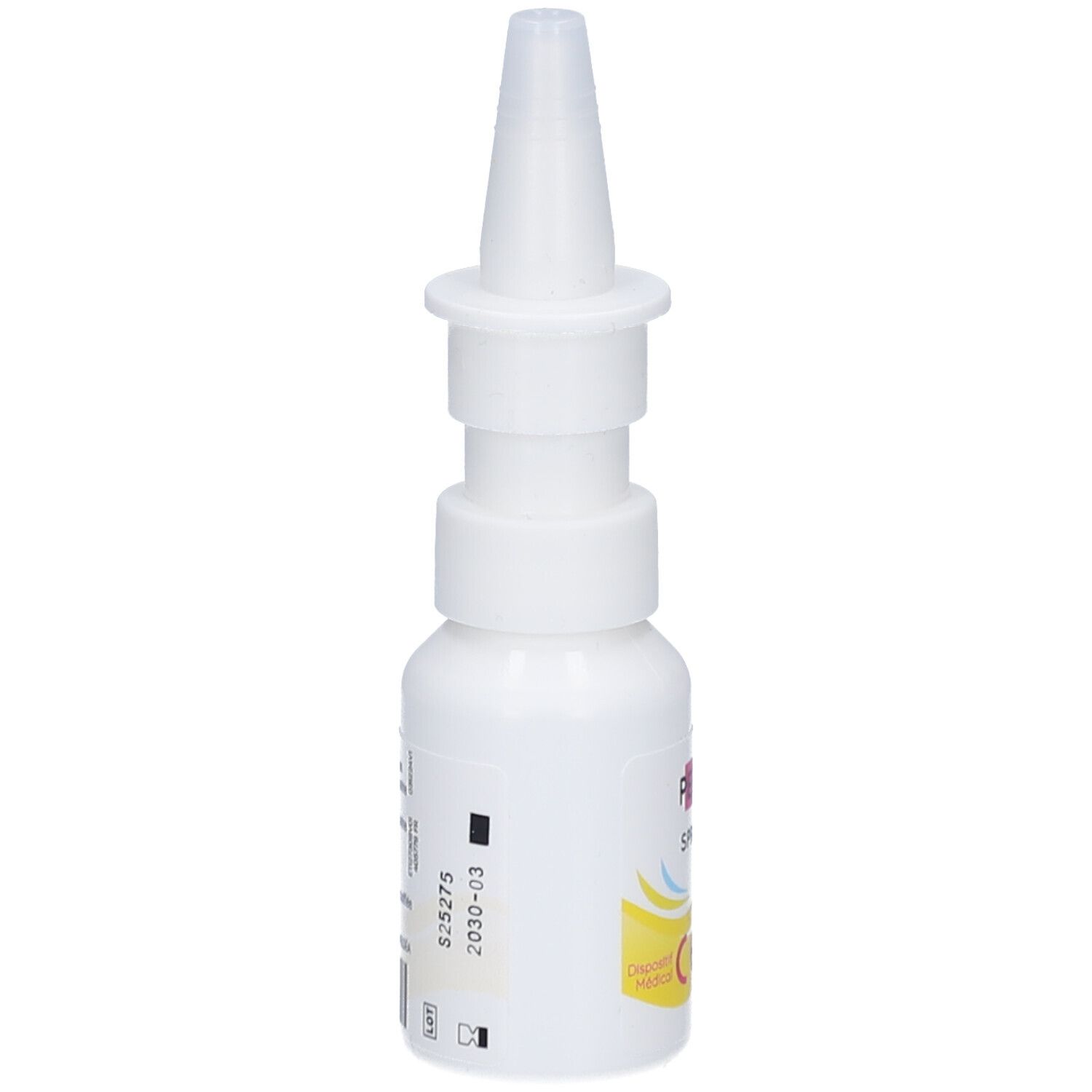 Flacon de spray nasal blanc avec embout. Inscriptions et élément jaune. Dispositif médical.