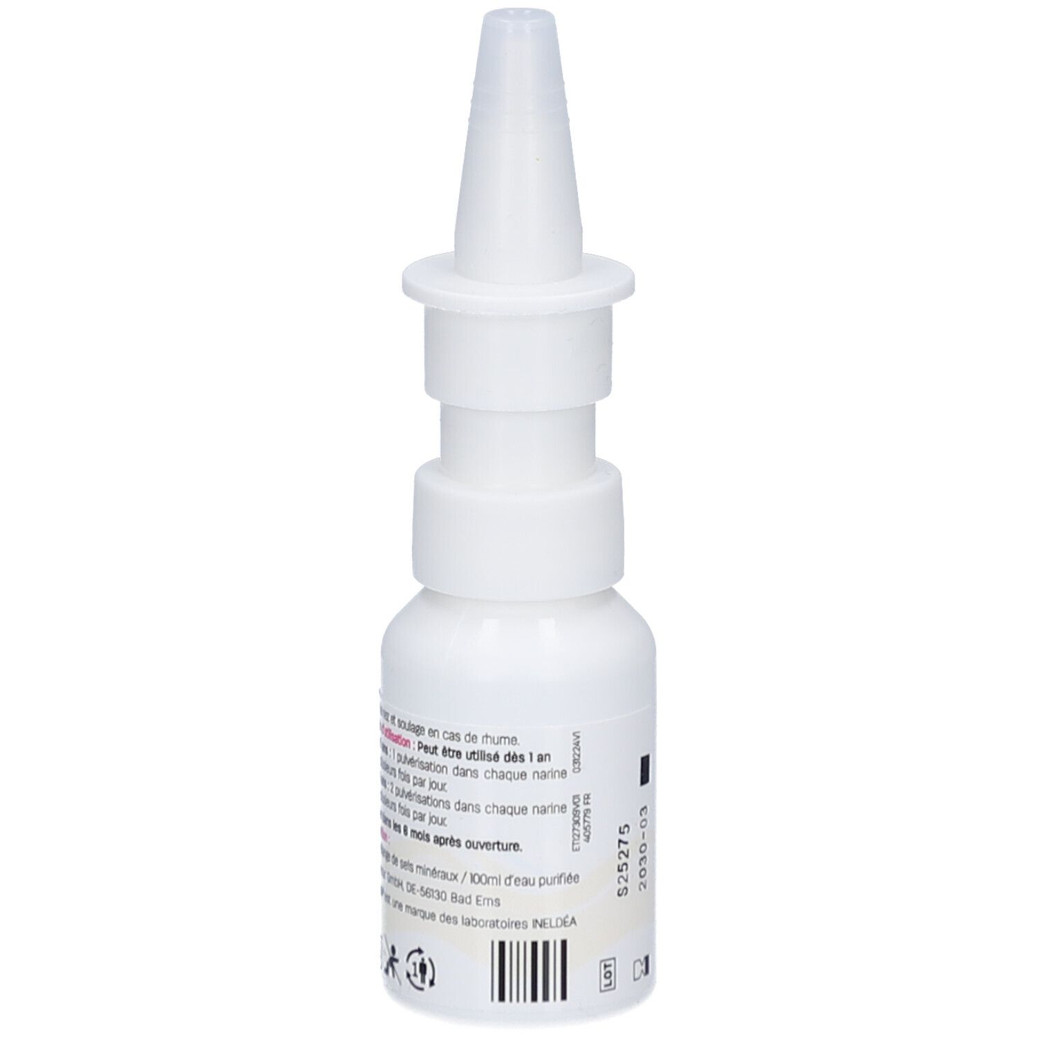 Flacon de spray nasal blanc avec embout. Dos avec texte. Dispositif médical.