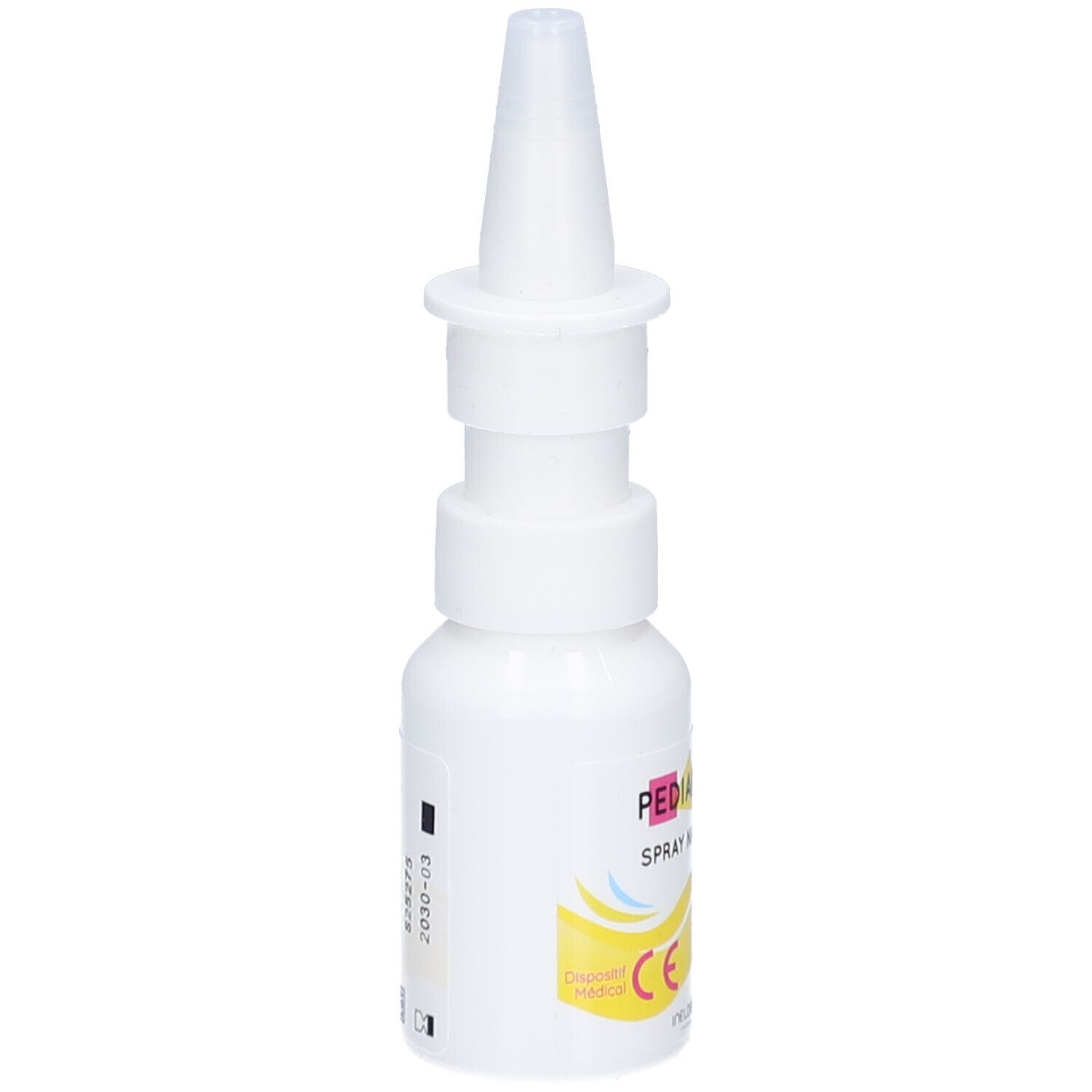 Flacon de spray nasal blanc avec embout. Inscriptions et élément jaune. Dispositif médical.