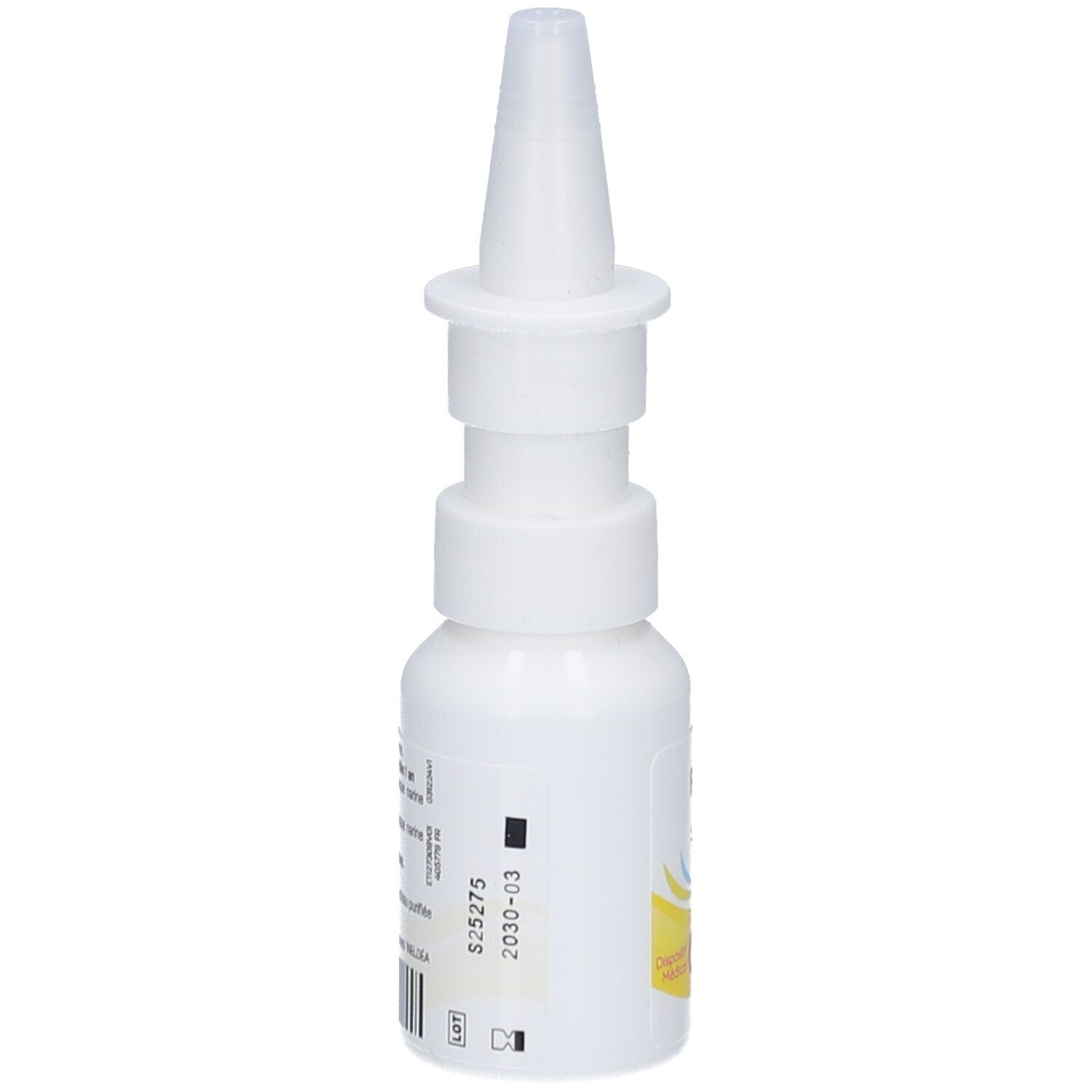Flacon de spray nasal blanc avec embout. Inscriptions et élément jaune. Dispositif médical.