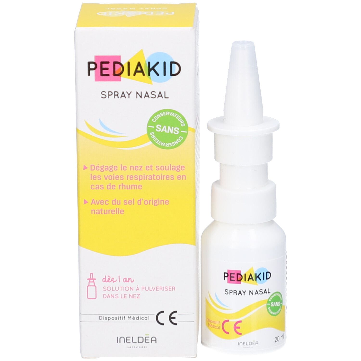 Flacon de spray nasal et emballage. Inscription PEDIAKID SPRAY NASAL. Marque CE. Dispositif médical.