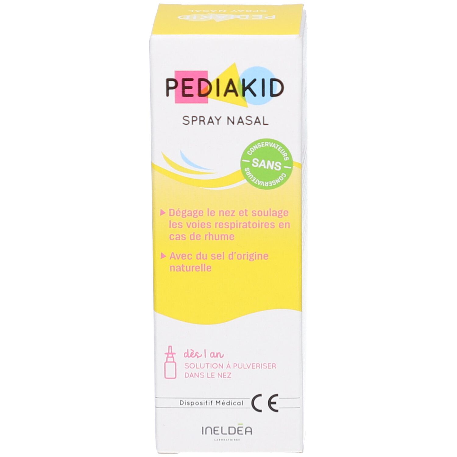 Emballage avec inscription PEDIAKID SPRAY NASAL. Design jaune. Marque CE. Dispositif médical.