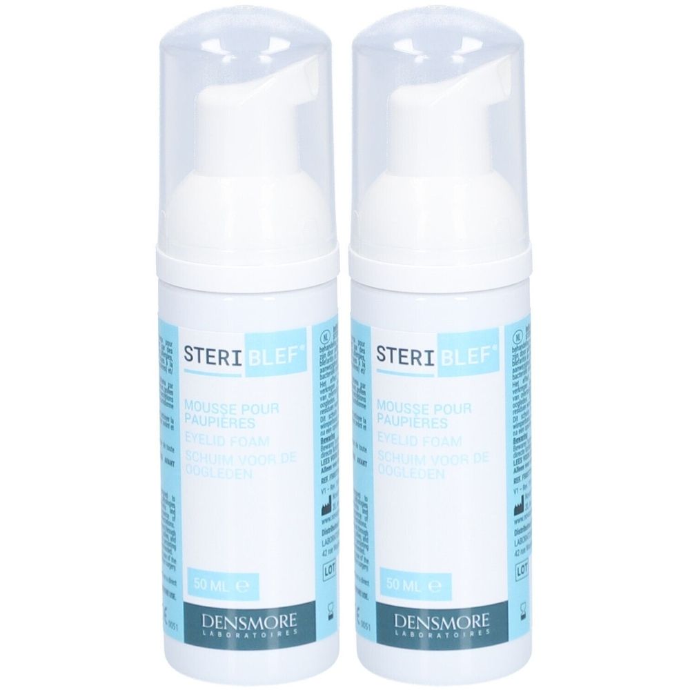 Deux flacons blancs avec pompe. Inscription STERI BLEF, MOUSSE POUR PAUPIERES, EYELID FOAM. Marque DENSMORE.