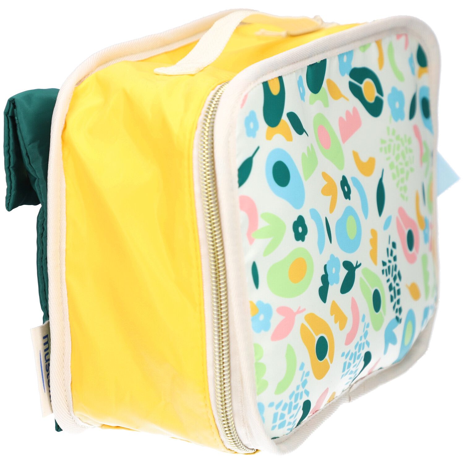 Trousse de toilette jaune avec motif avocat. Fermeture éclair. Poche verte latérale.