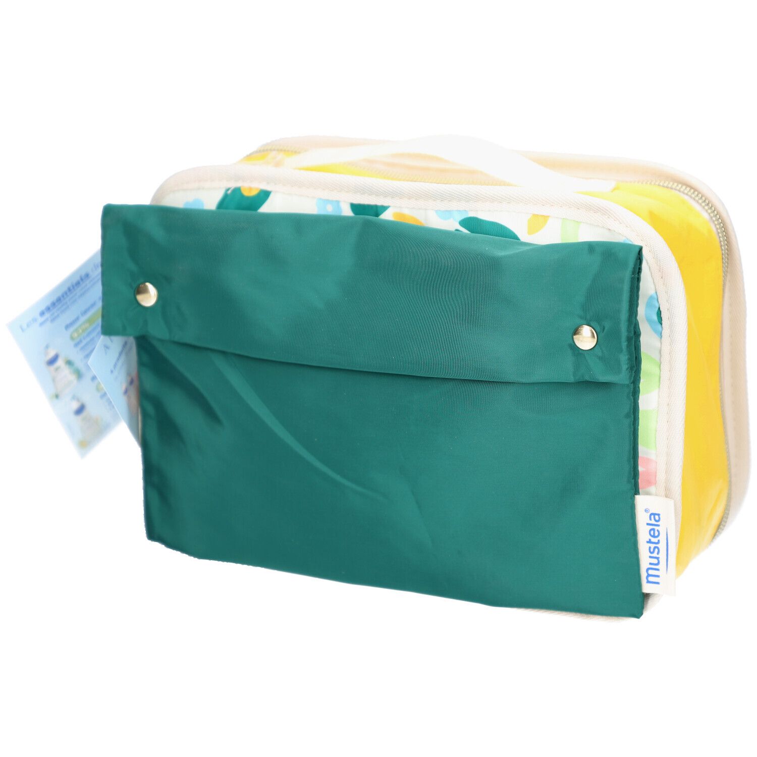 Trousse de toilette jaune avec motif avocat. Poche verte à boutons-pression. Étiquette produit.