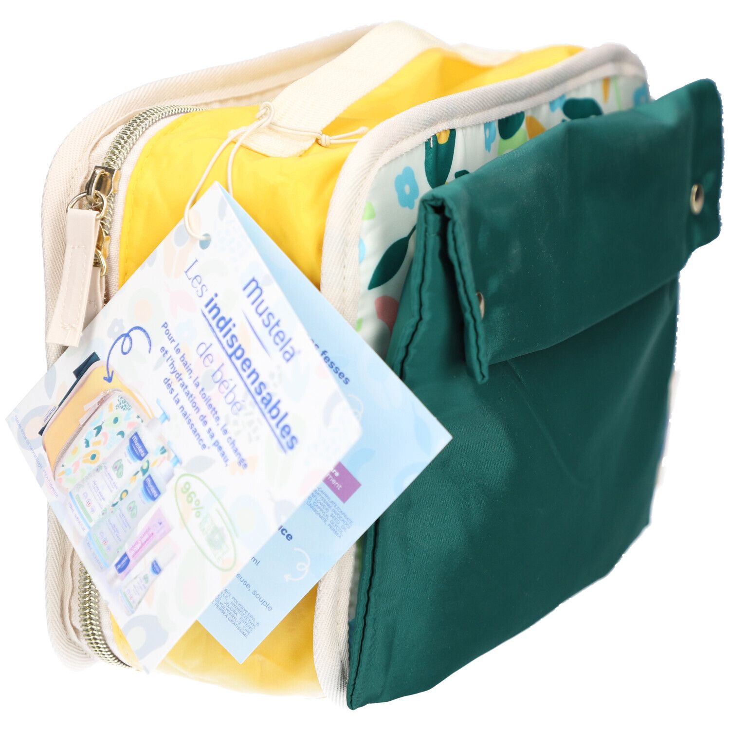 Trousse de toilette jaune avec motif avocat. Poche verte à boutons-pression. Étiquette produit.