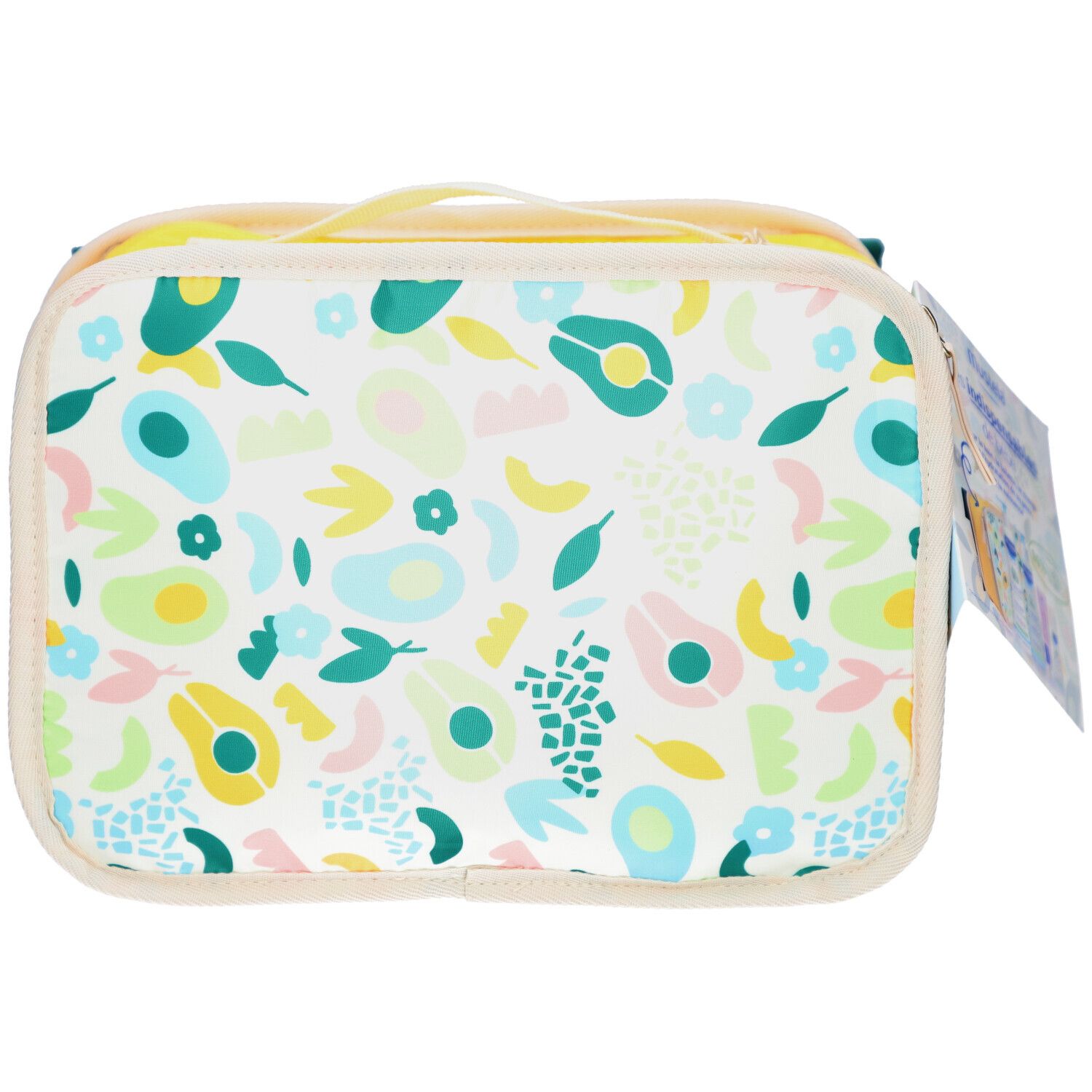 Trousse de toilette jaune avec motif avocat. Fermeture éclair. Étiquette produit.