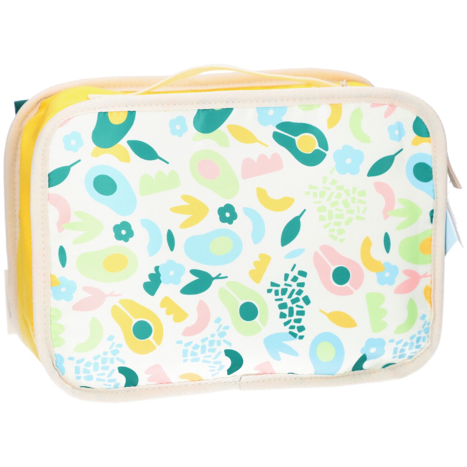 Trousse de toilette jaune avec motif avocat. Fermeture éclair. Étiquette produit.