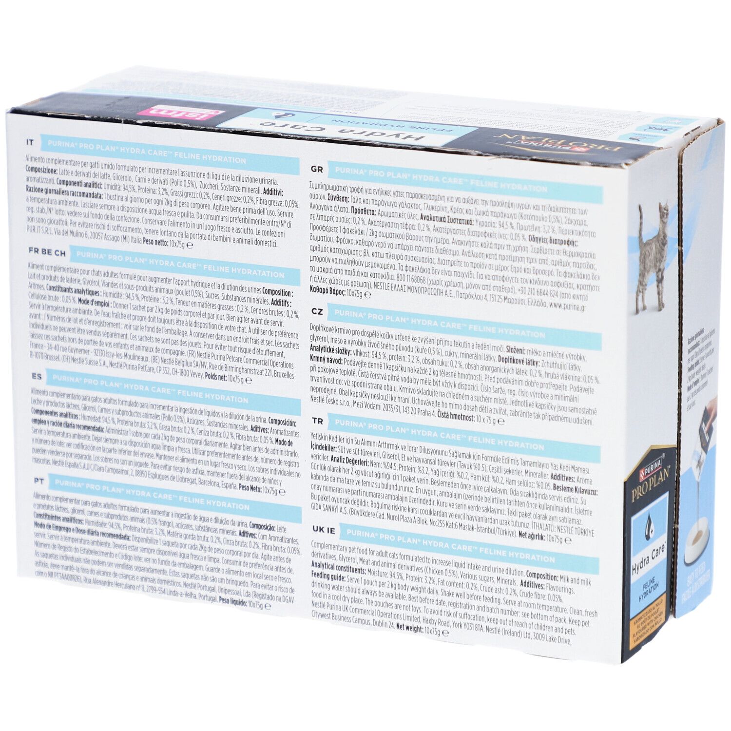 Dos de l'emballage PURINA PRO PLAN Hydra Care. Texte en plusieurs langues, dont l'allemand, l'anglais et le français.