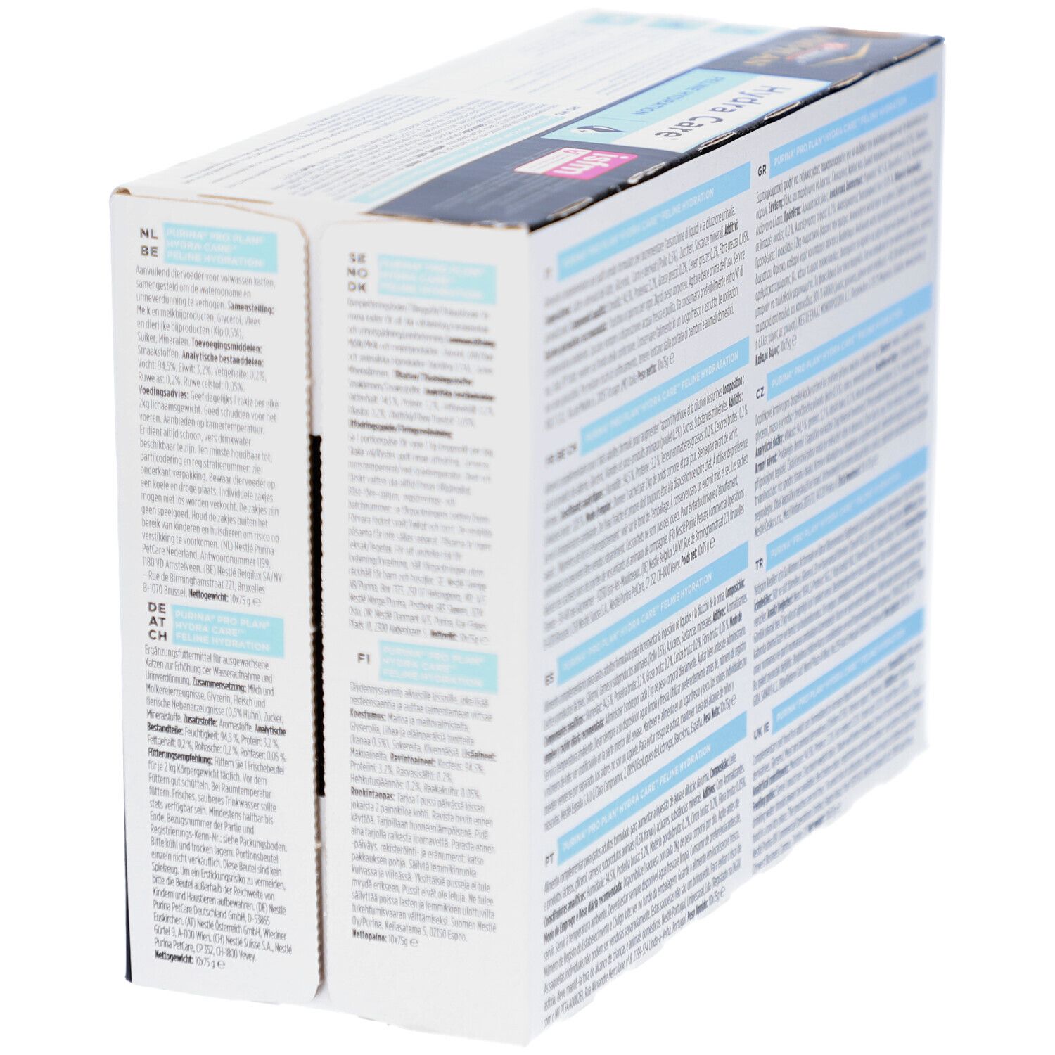 Dos de l'emballage PURINA PRO PLAN Hydra Care. Texte en plusieurs langues, dont l'allemand, l'anglais et le français.