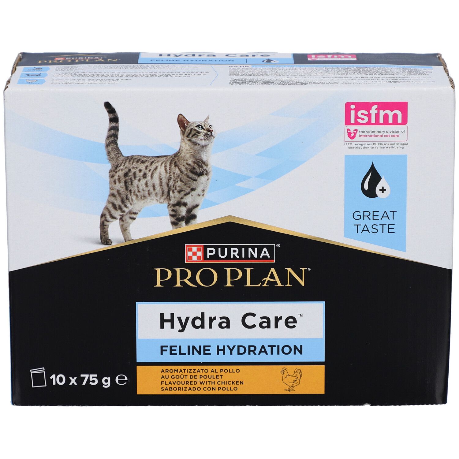 Boîte PURINA PRO PLAN Hydra Care pour chats. Contient 10 sachets de 75g. Image d'un chat.