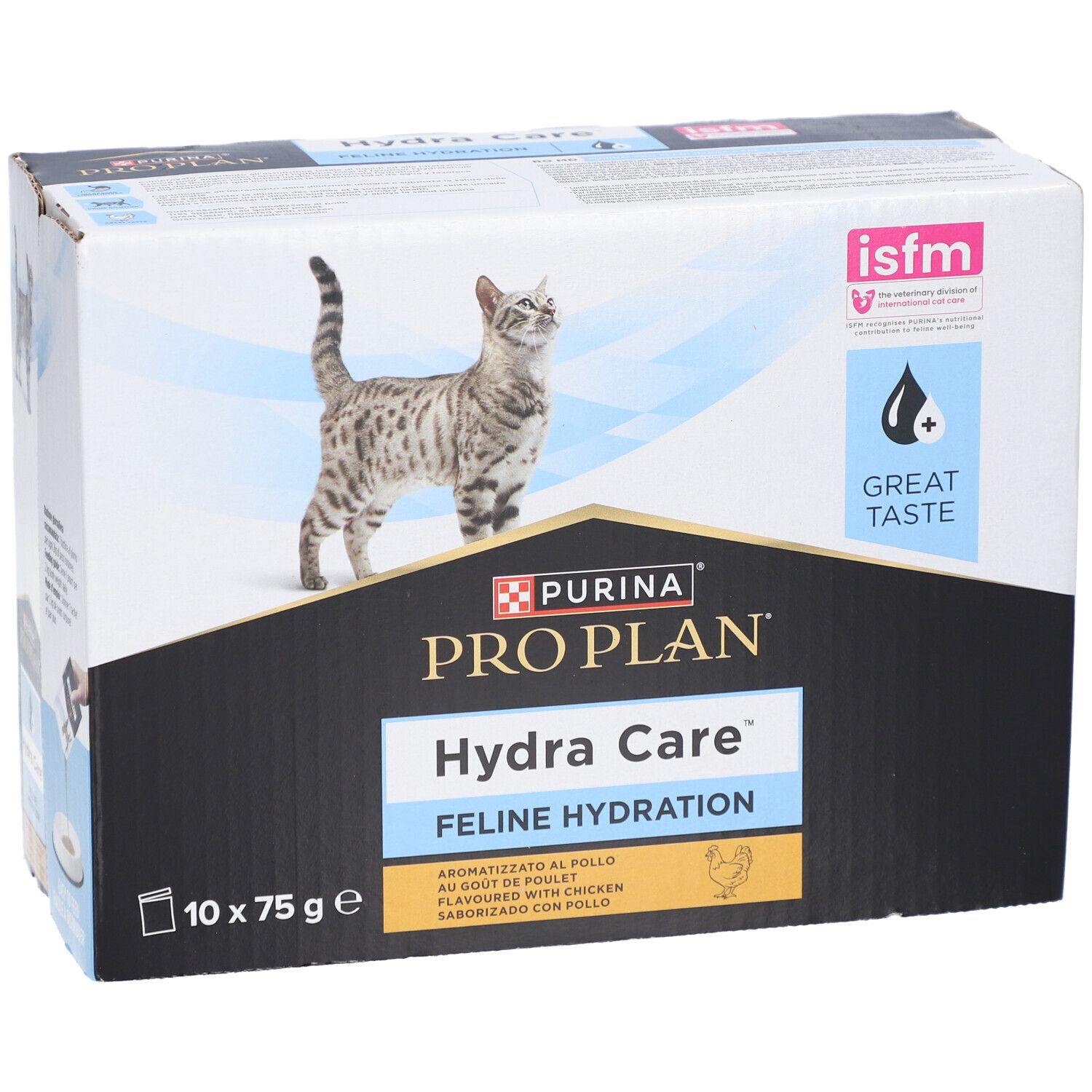 Boîte PURINA PRO PLAN Hydra Care pour chats. Contient 10 sachets de 75g. Image d'un chat.