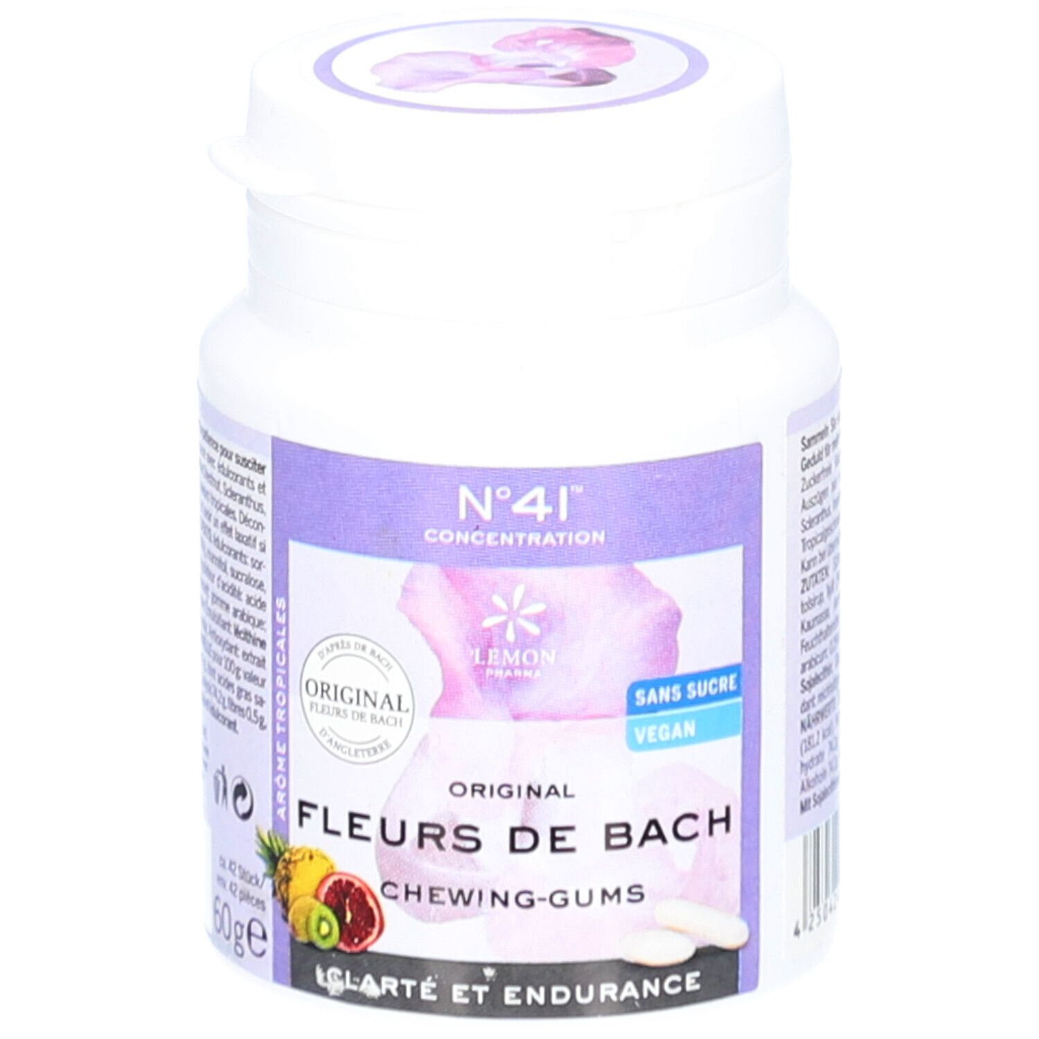 Boîte blanche avec étiquette violette. Inscription : Fleurs de Bach, Chewing-Gums, N°41 Concentration. Illustration de fruits et chewing-gums.