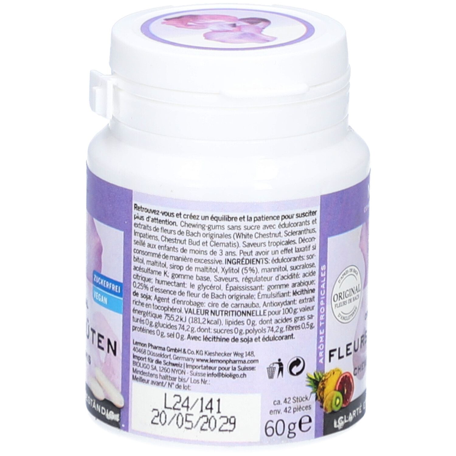 Dos de la boîte blanche. Texte : ingrédients, valeurs nutritionnelles, informations fabricant. Inscription : Fleurs de Bach, Sans gluten, Vegan. Date de péremption.