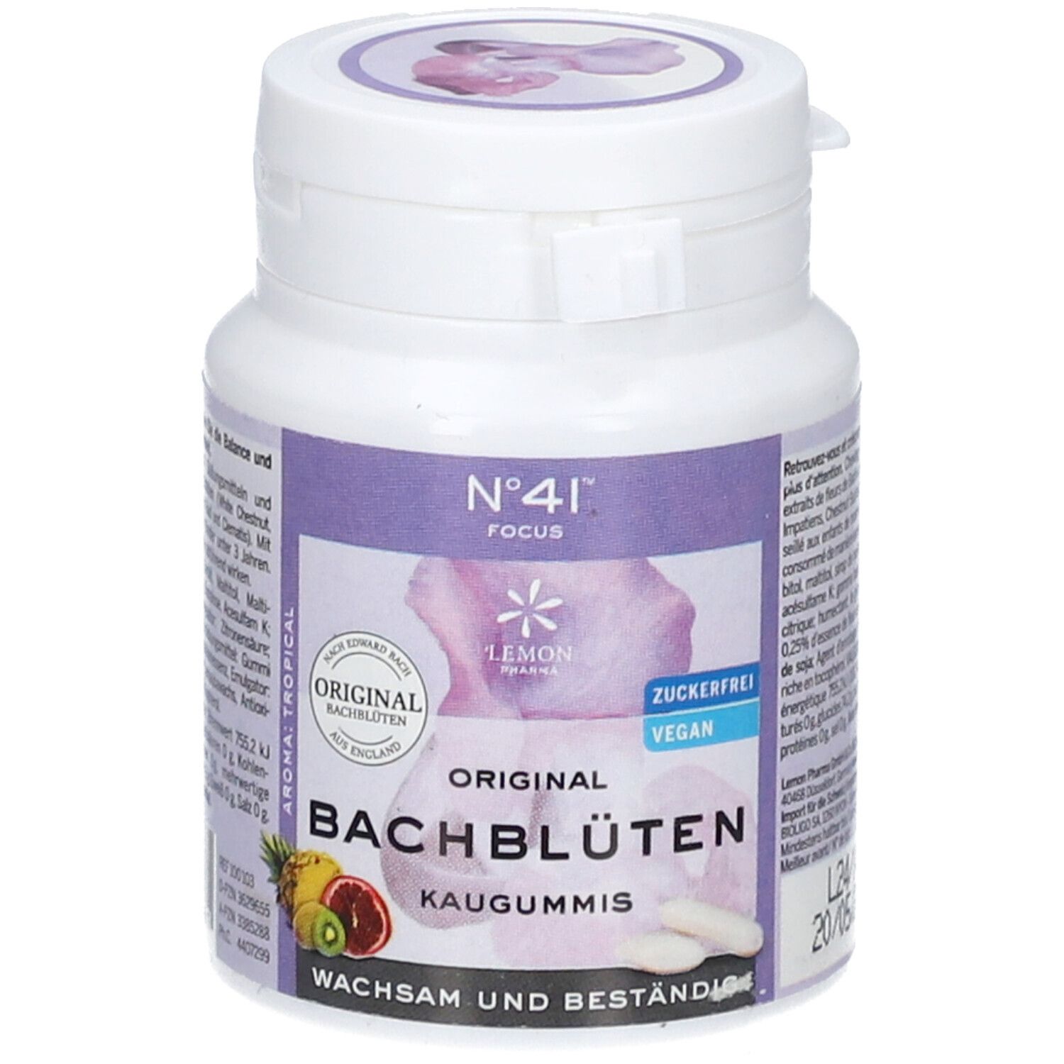 Boîte blanche avec étiquette violette. Inscription : Fleurs de Bach, Chewing-Gums, N°41 Focus. Illustration de fruits et chewing-gums. Sans sucre, Vegan.